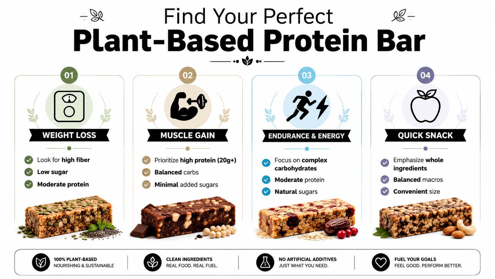 An infographic guide for choosing the best plant-based protein bars for weight loss, muscle gain, energy, or snacking.