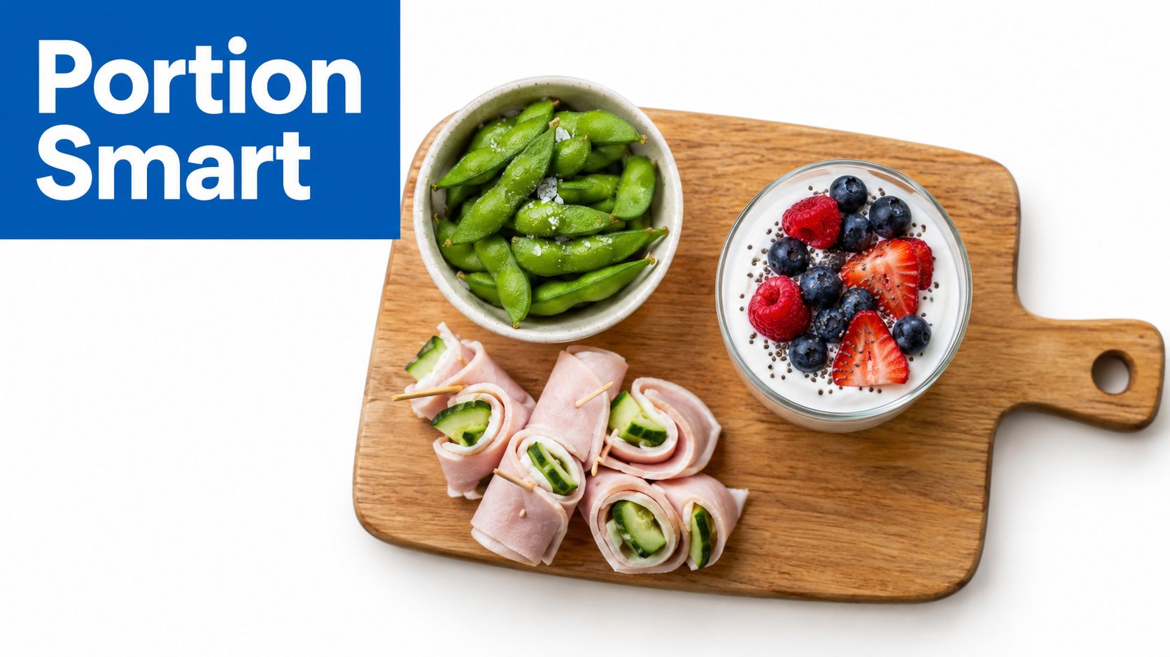 A healthy snack plate featuring edamame, cucumber and ham rolls, and yogurt with berries.