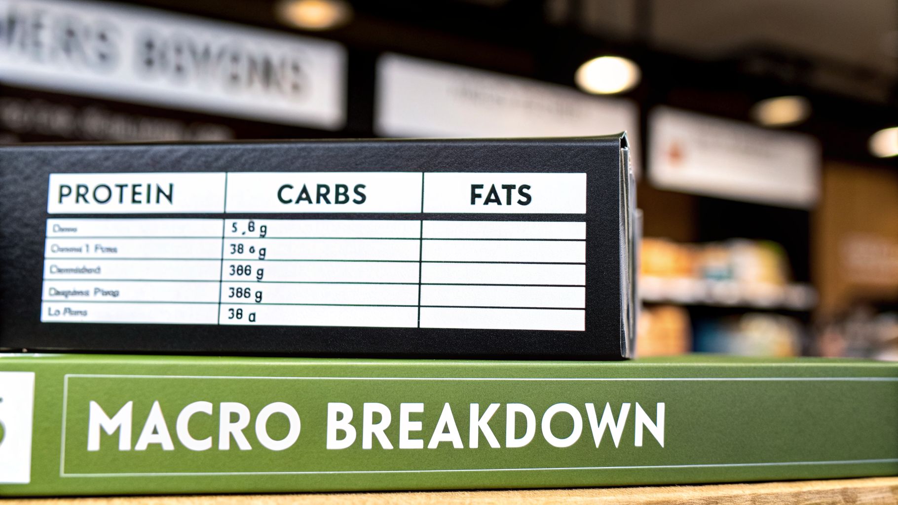 Close-up of a product's nutrition label displaying columns for protein, carbs, and fats, with 'MACRO BREAKDOWN' text below.