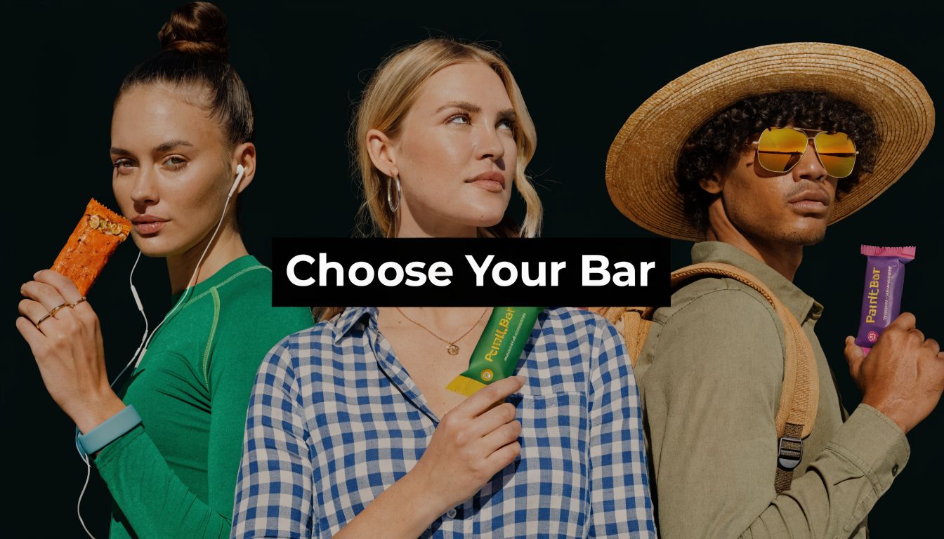 Three diverse people holding different flavored protein bars while posing against a black studio background.