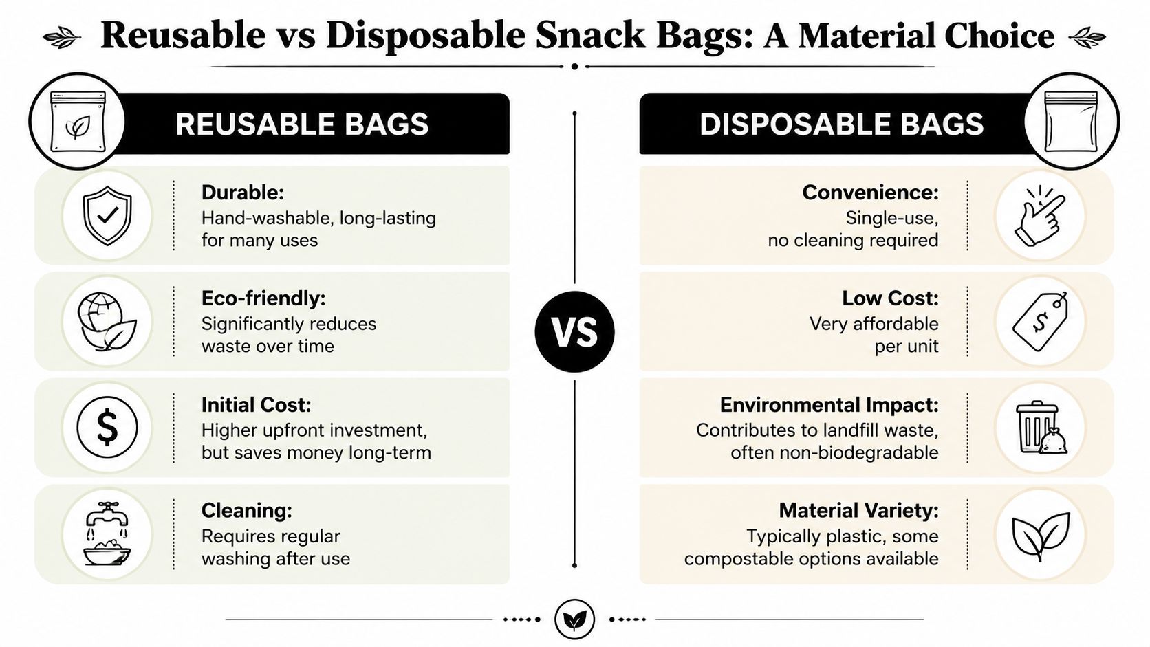 A comparison chart highlighting the pros and cons of using reusable versus disposable snack bags.