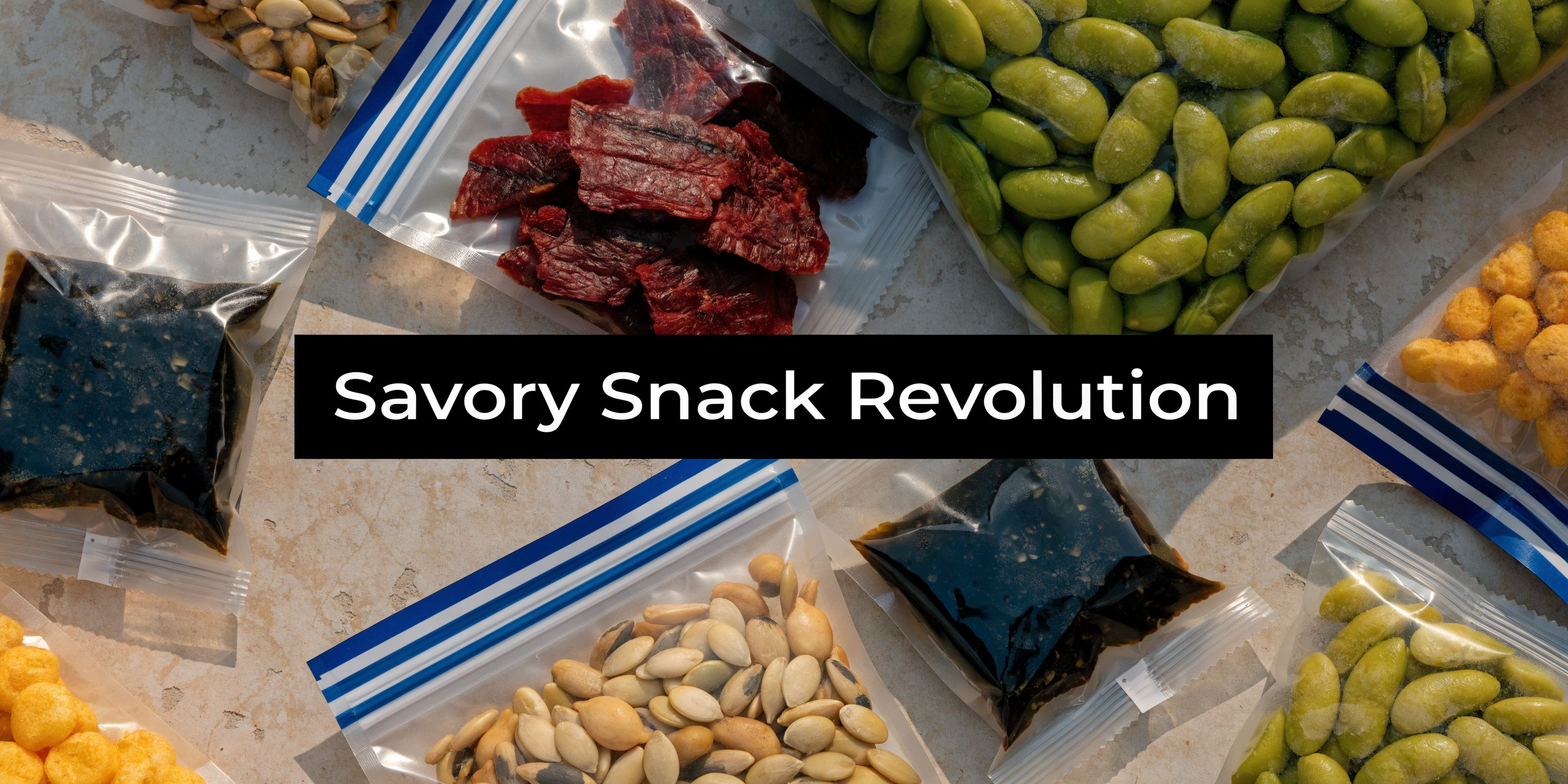 A collection of assorted savory snacks including beef jerky, edamame, pumpkin seeds, and cheese balls in clear bags.