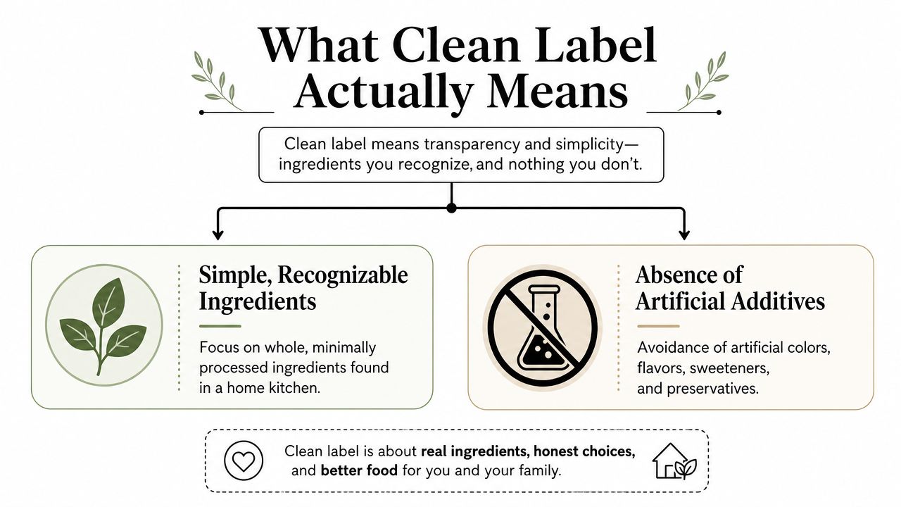 An infographic titled What Clean Label Actually Means, explaining transparency, simple ingredients, and avoiding artificial additives in food.