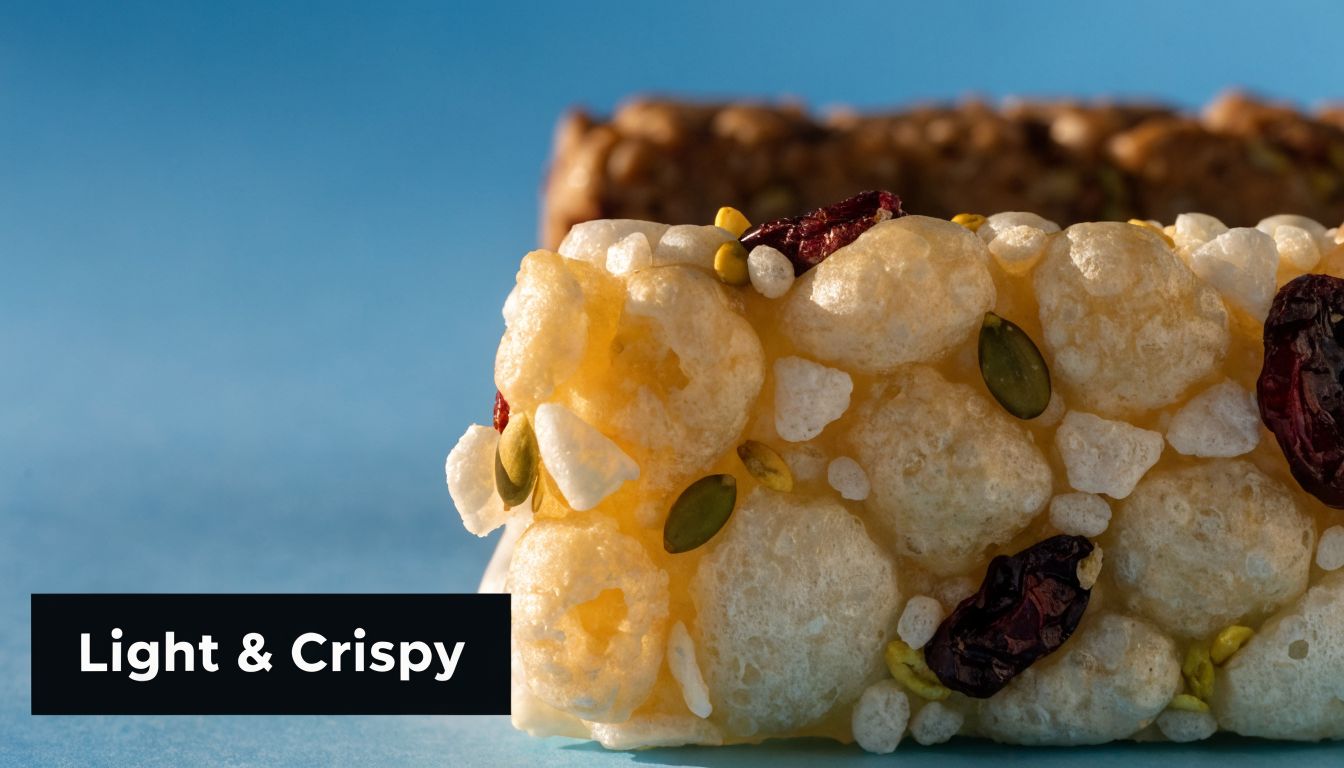 A close-up view of a light and crispy puffed grain granola bar with dried cranberries and seeds.