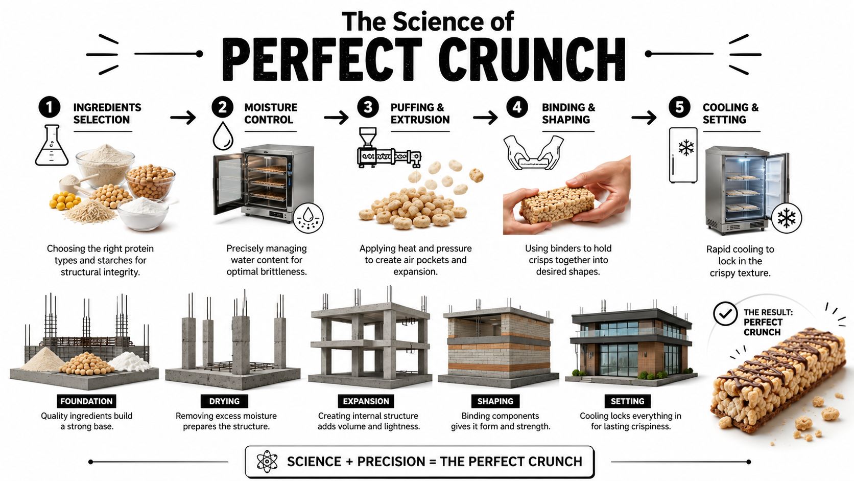 An infographic showing the five-step industrial manufacturing process of crispy protein bars alongside building construction metaphors.