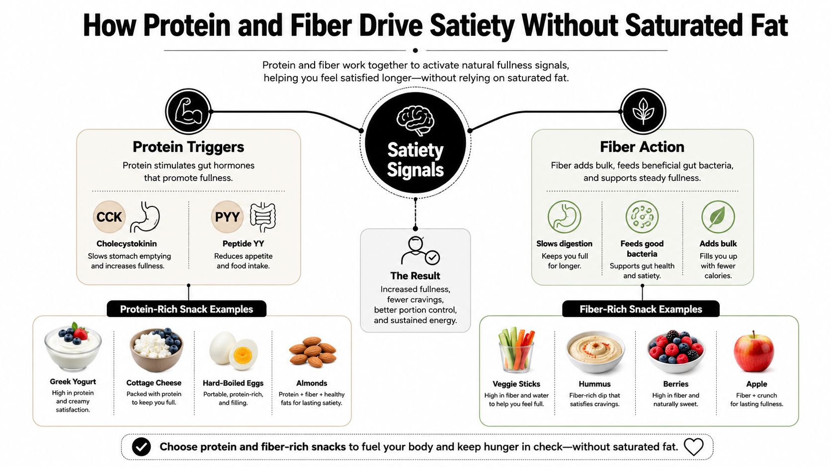 An infographic explaining how eating protein and fiber-rich snacks promotes satiety and feelings of fullness.