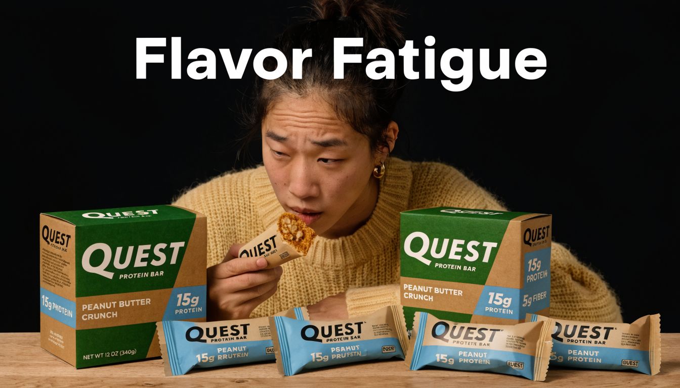 A person looking uninspired at multiple Quest peanut butter protein bars and boxes, representing flavor fatigue.