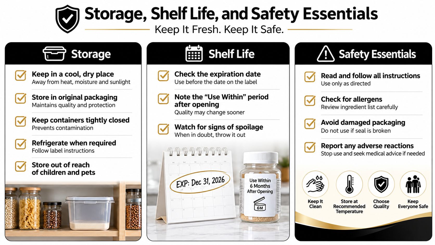 An infographic titled Storage, Shelf Life, and Safety Essentials offering guidelines for proper product care and handling.