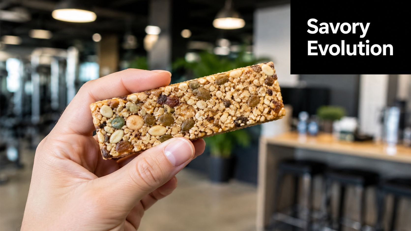 A hand holding a crunchy nut and seed granola bar in a bright, modern indoor gym setting.