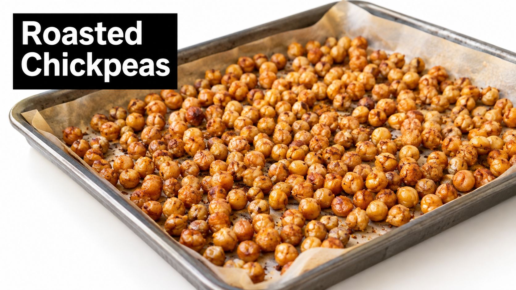 A large baking sheet covered with parchment paper filled with golden-brown roasted chickpeas seasoned with spices.