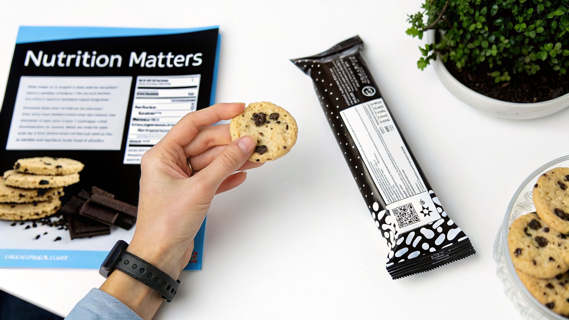 Overhead shot of a hand holding a chocolate chip cookie, a protein bar, and a nutrition brochure.