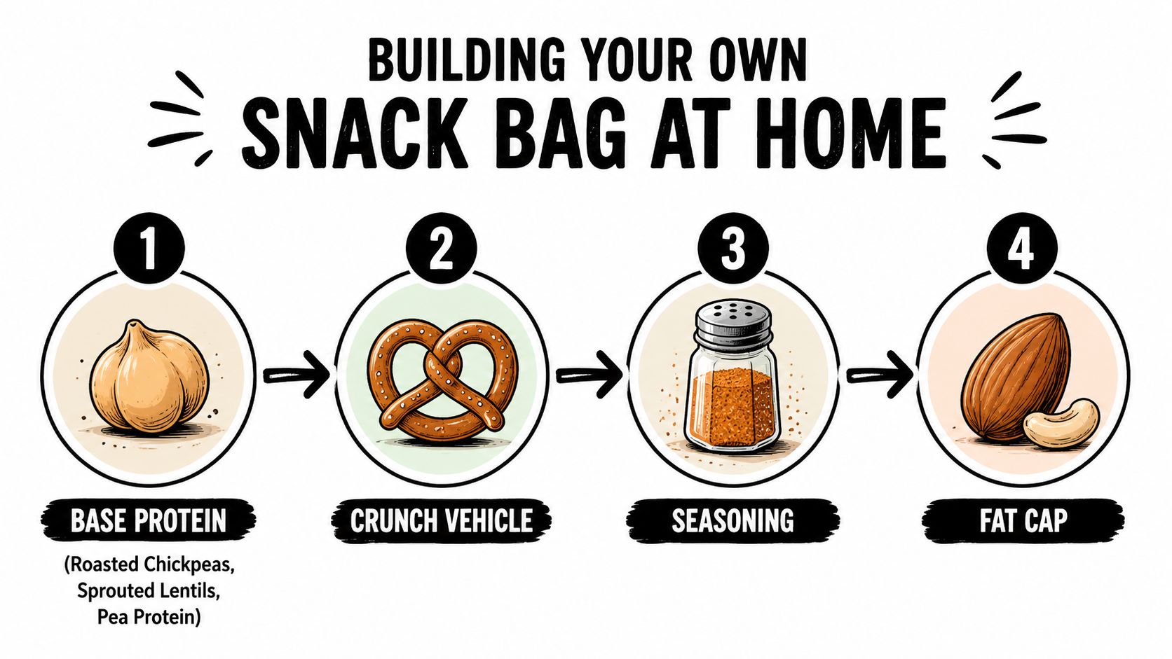 An infographic showing four steps to build a healthy, DIY custom snack bag at home.