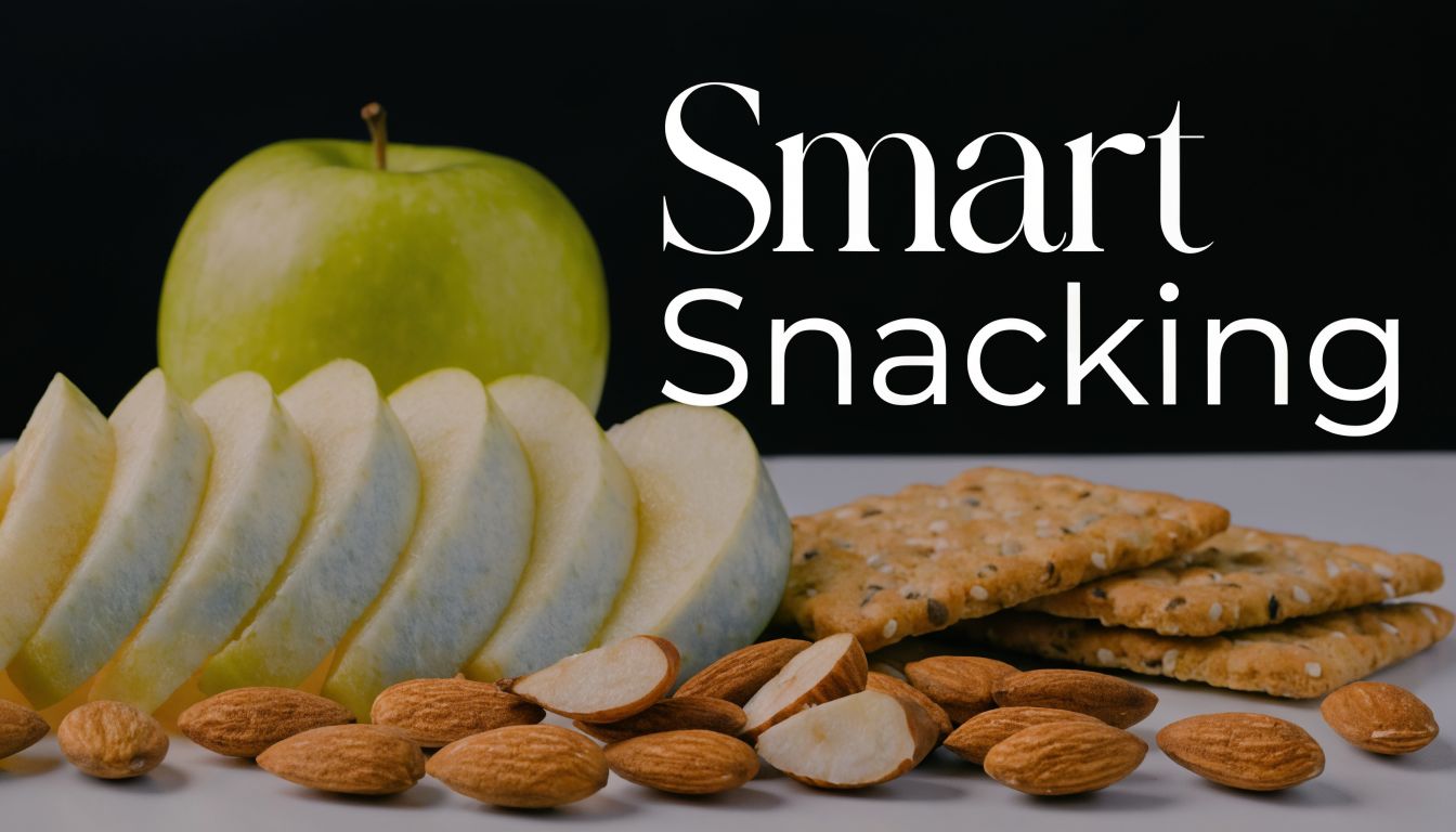 A healthy snack arrangement featuring sliced green apples, whole almonds, and crispy seeded crackers on a surface.