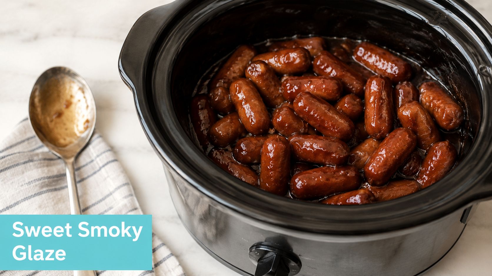 A close-up view of little sausages glazed in a sweet smoky sauce inside a black slow cooker.