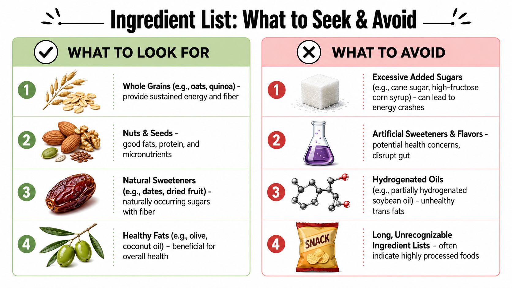 A nutrition infographic comparing healthy food ingredients to seek versus unhealthy ingredients to avoid in products.