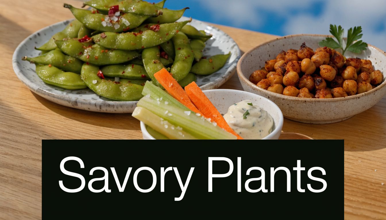 A wooden table featuring plates of edamame, roasted chickpeas, carrot sticks, celery, and a creamy dip.