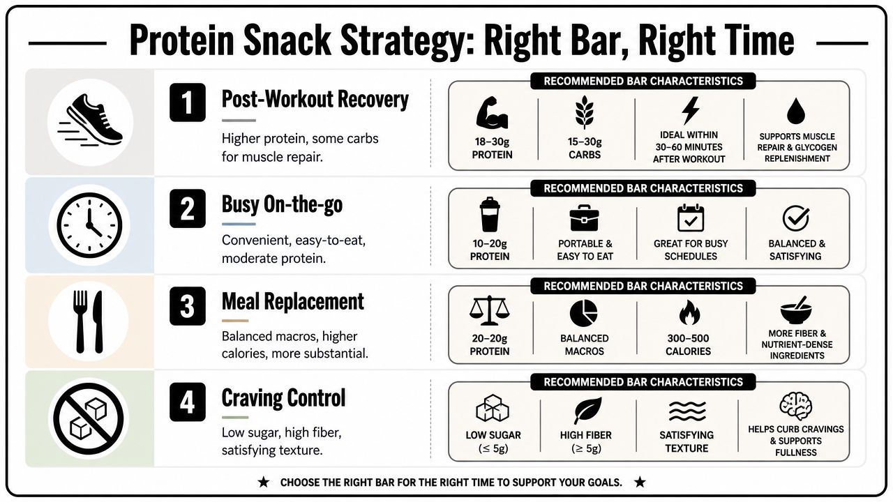 An infographic titled Protein Snack Strategy detailing ideal bar choices for post-workout, busy lifestyles, meals, and cravings.