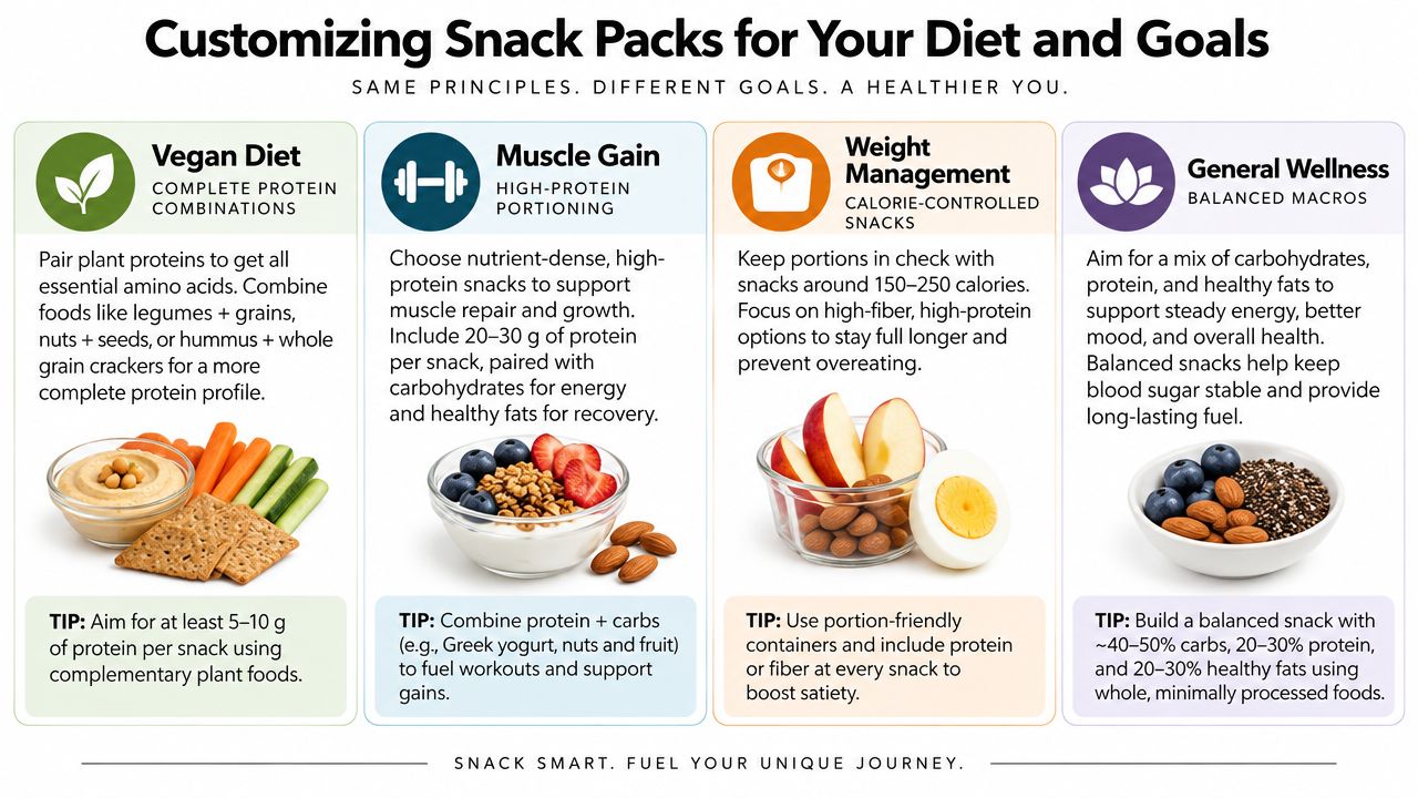 An infographic detailing how to customize healthy snack packs for vegan diets, muscle gain, weight management, and general wellness.