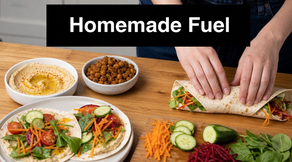 A pair of hands preparing a fresh plant-based vegetable wrap on a wooden kitchen table.