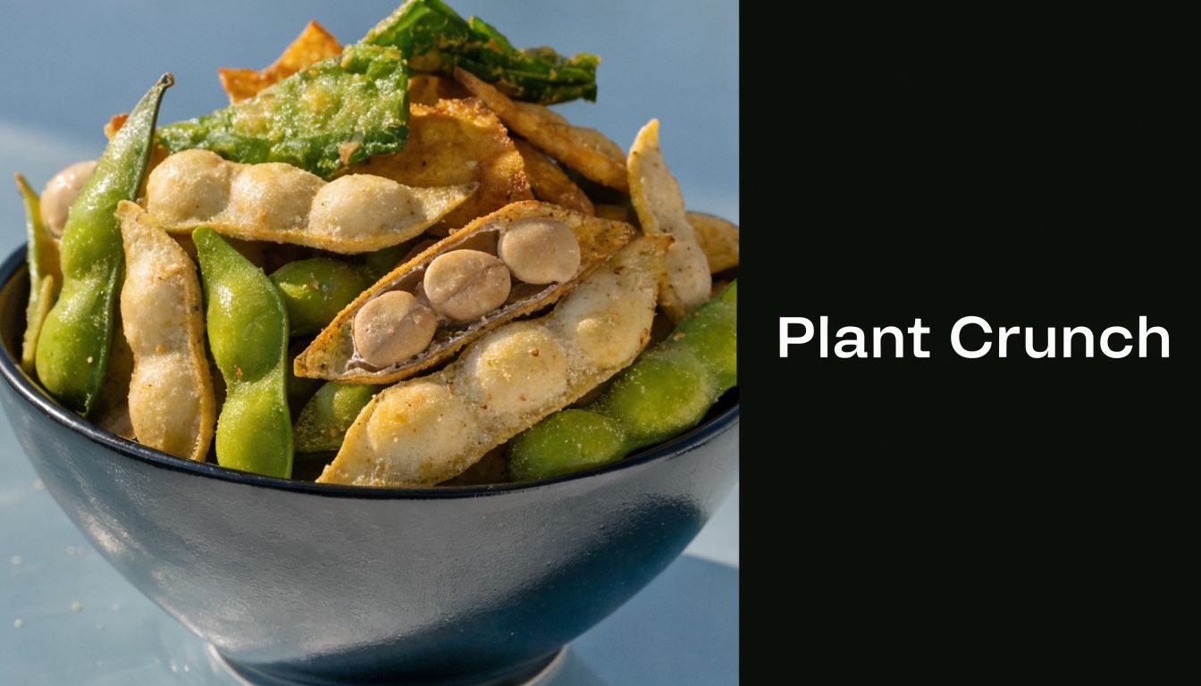 A close-up of a blue bowl filled with crunchy, salted edamame and vegetable snack crisps.