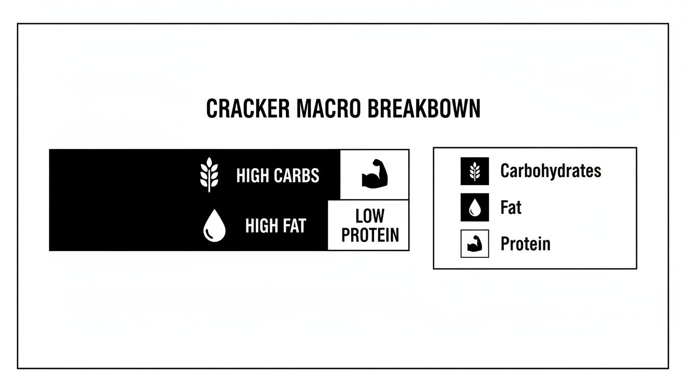 An infographic showing a cracker's macronutrient breakdown: high carbohydrates, high fat, and low protein.