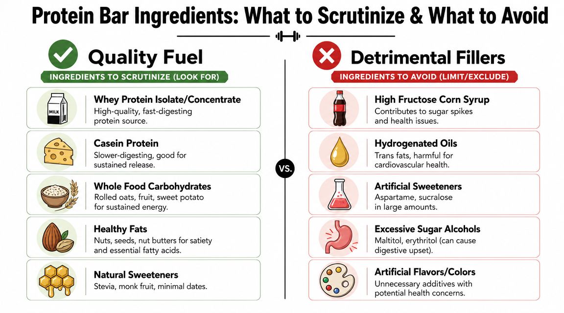 A comparison chart showing healthy protein bar ingredients to look for and unhealthy fillers to avoid.