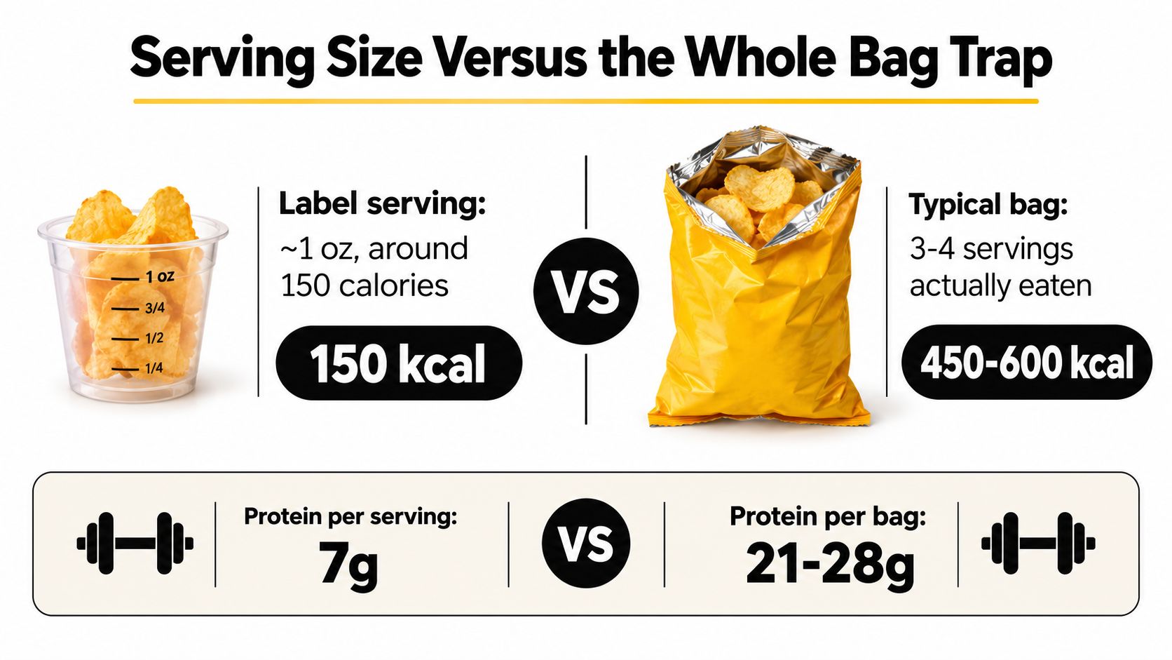 An infographic comparing the calorie and protein content of a single serving of potato chips versus an entire bag.
