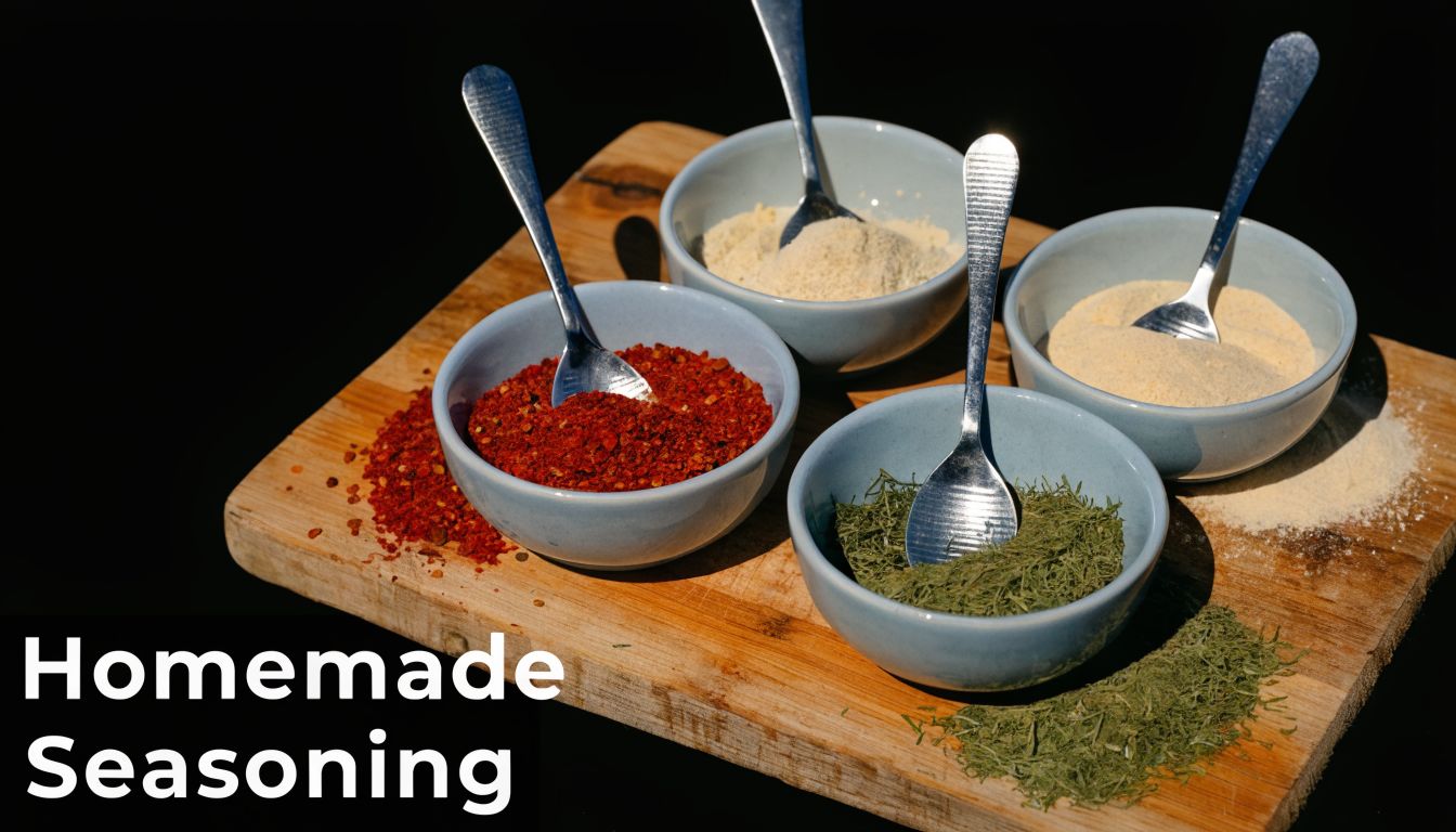 Four small bowls filled with various dried herbs and spices arranged on a wooden cutting board.