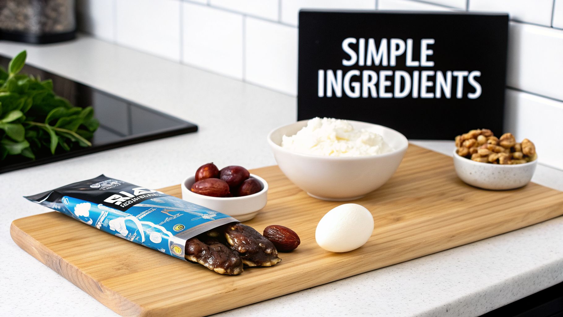 RX Bar package with dates, egg, walnuts, and cottage cheese on a cutting board, with a 'SIMPLE INGREDIENTS' sign.