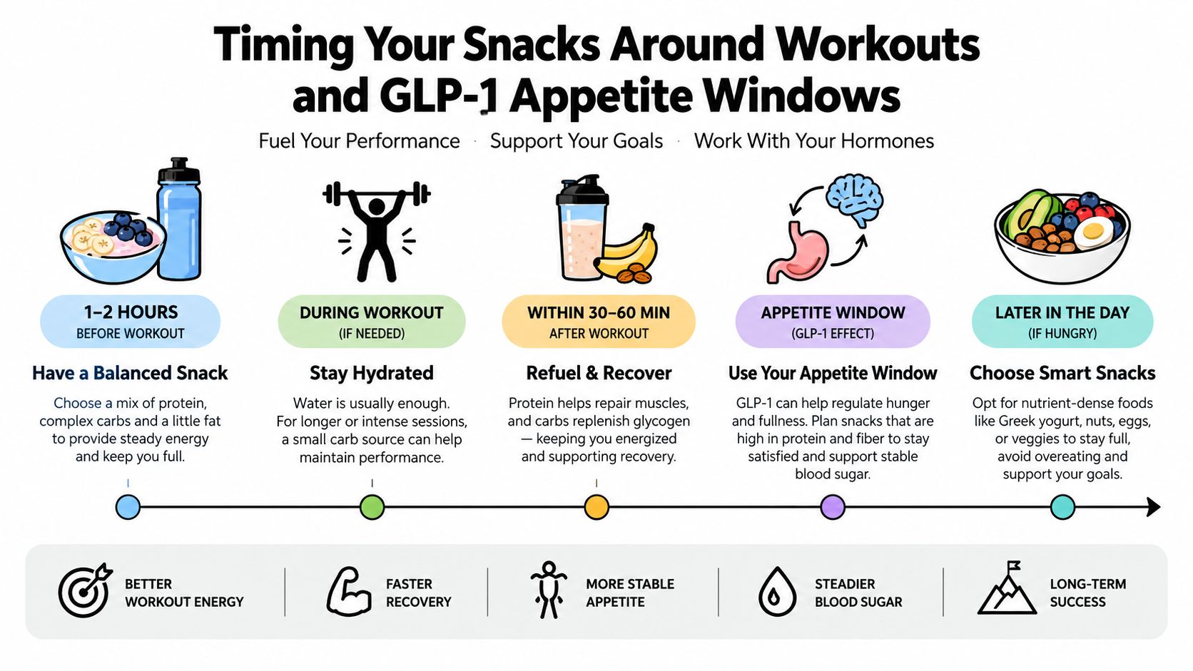 An infographic showing guidelines for timing snacks around workouts and managing GLP-1 appetite windows for health.