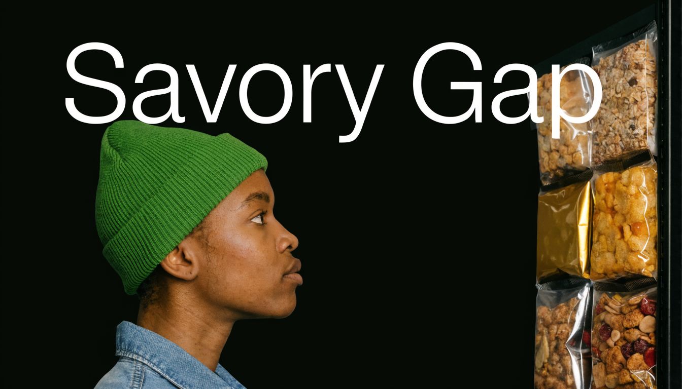 A person in a green beanie looking at a selection of snacks on a black shelf.