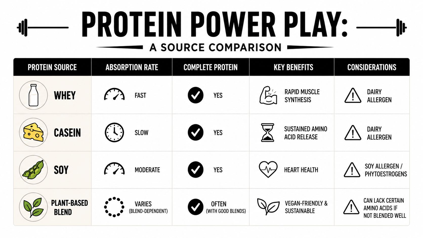 A comparison chart table detailing the absorption rates, completeness, benefits, and considerations of different protein sources.