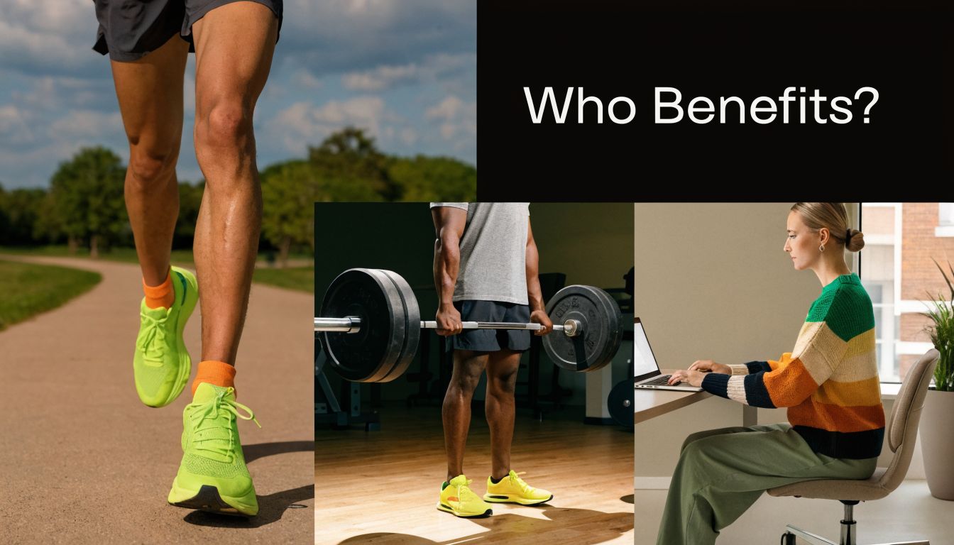 A collage showing an active runner, a weightlifter, and an office worker to illustrate diverse beneficiaries.