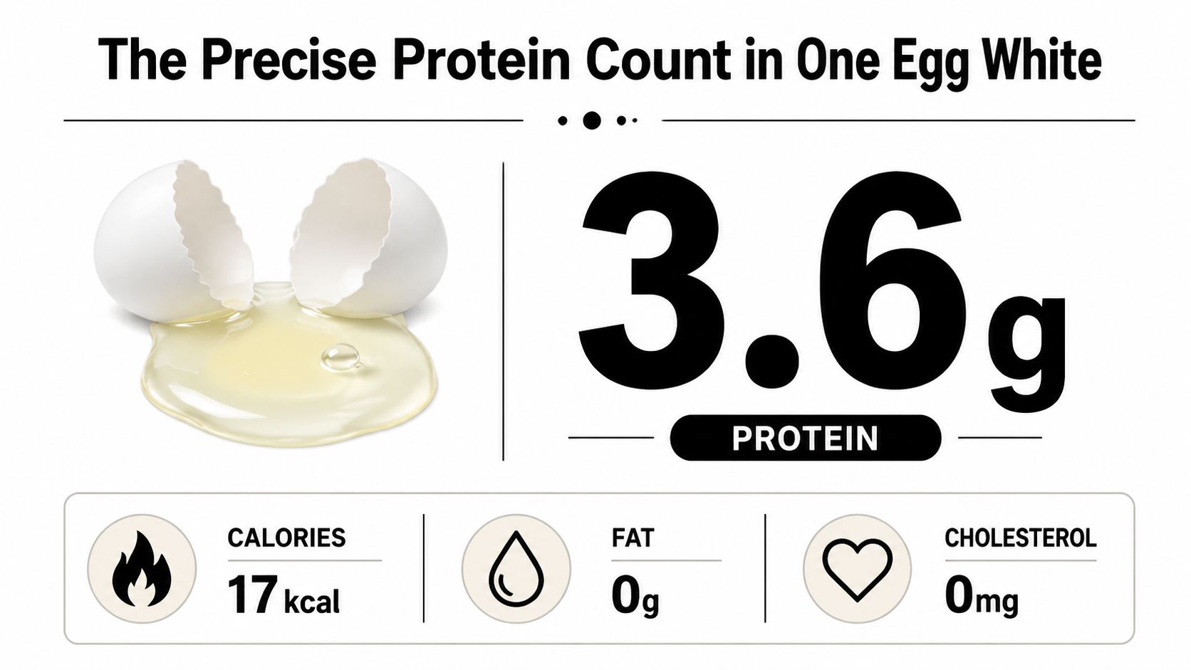 A nutritional infographic showing that one egg white contains 3.6 grams of protein, 17 calories, 0 grams of fat, and 0mg of cholesterol.
