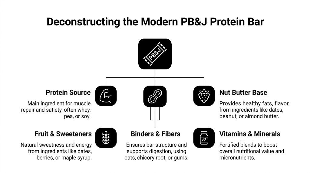 A diagram illustrating the core nutritional components and ingredients that make up a modern PB&J protein bar.