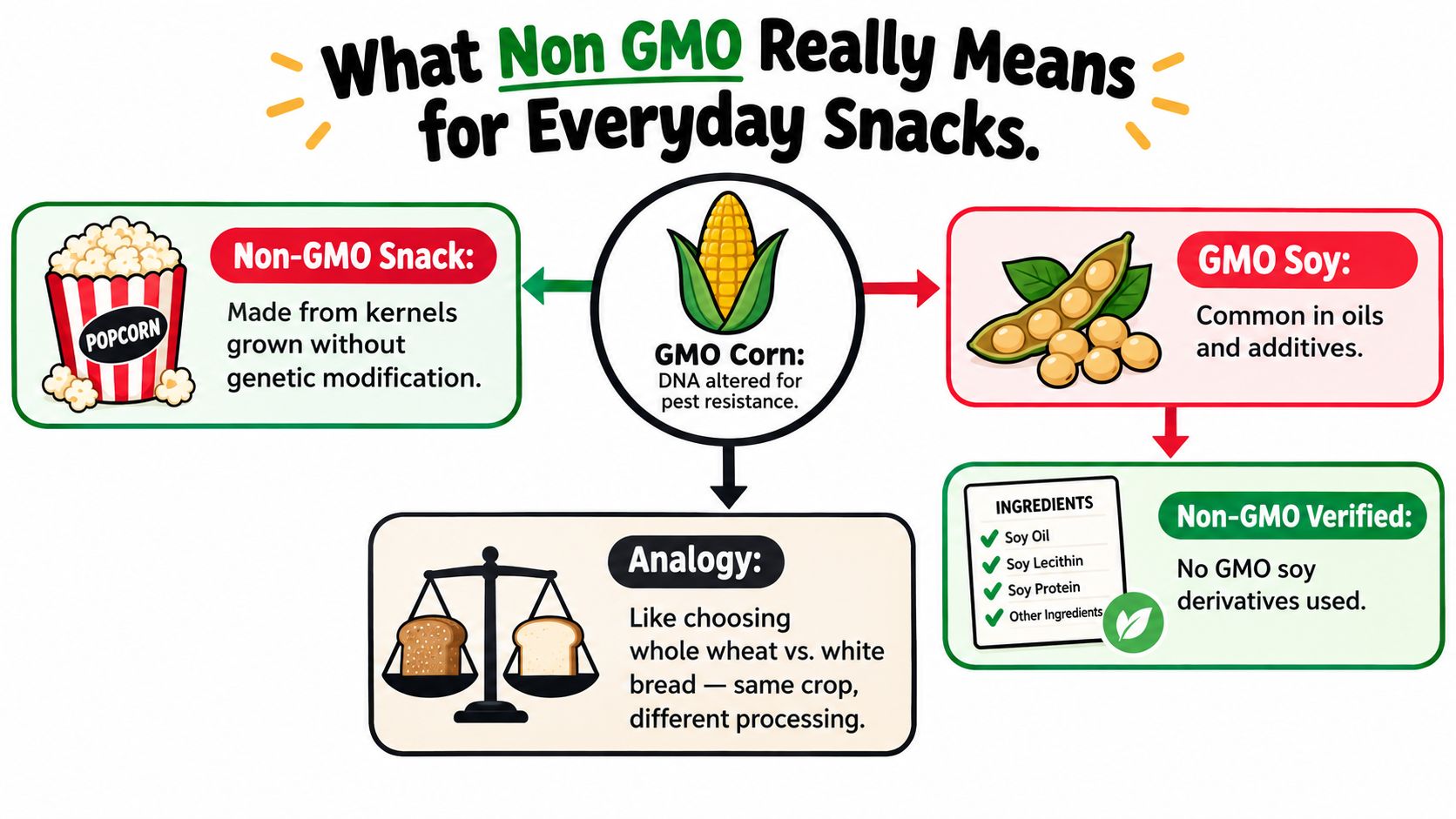 An infographic explaining the differences between GMO and non-GMO snacks using popcorn, soy, and bread analogies.