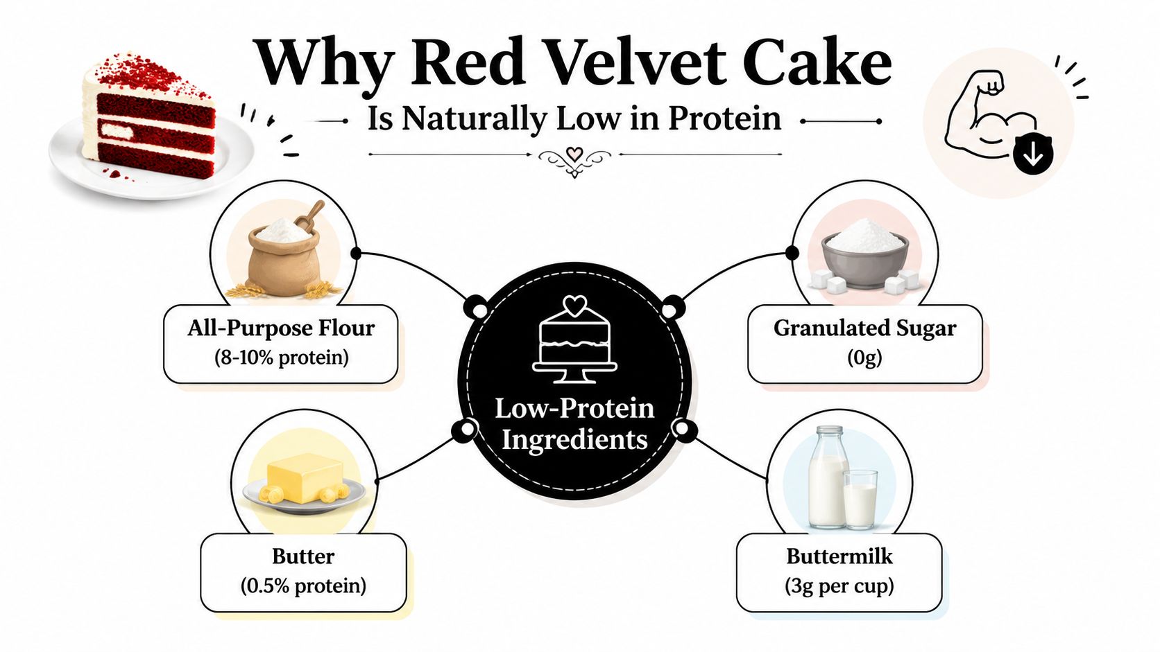 An infographic showing the low-protein ingredients used to make red velvet cake, including flour, sugar, butter, and buttermilk.