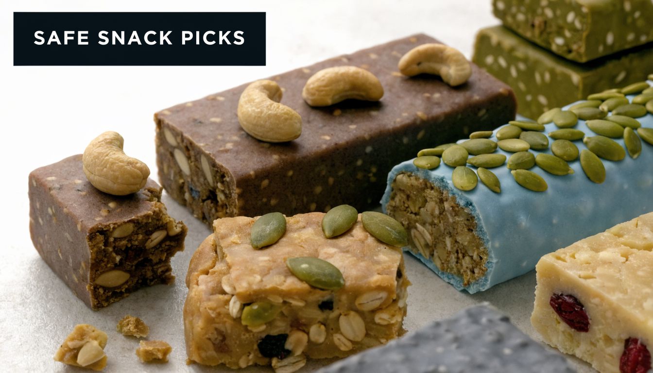 A variety of protein bars topped with nuts and seeds, displayed on a textured white surface.
