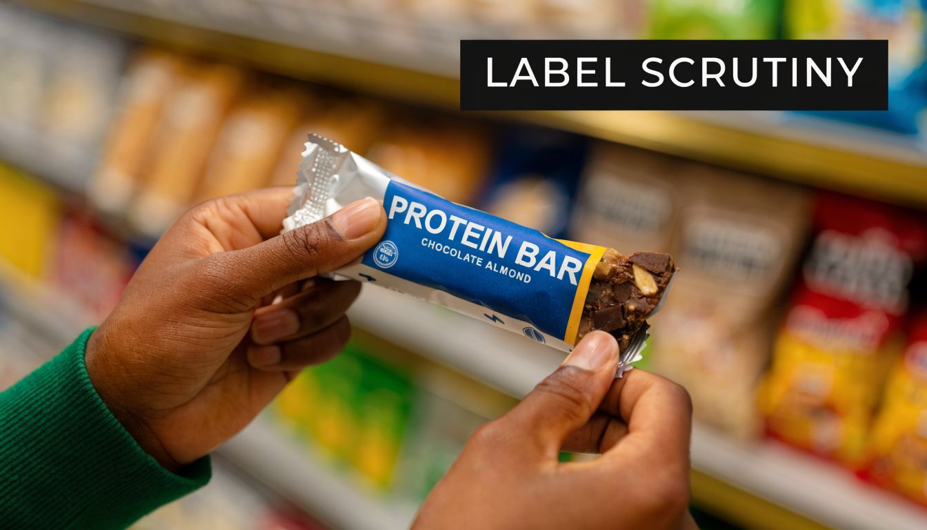 A person holding an unwrapped Chocolate Almond protein bar in a grocery store aisle setting.