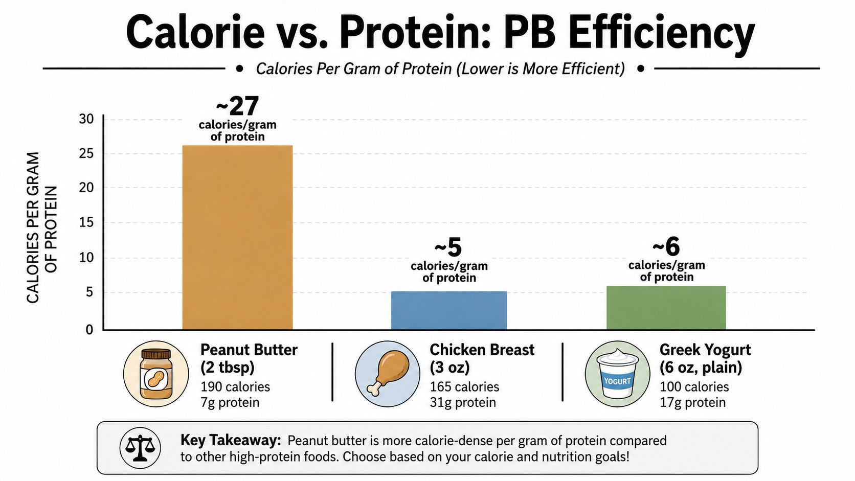 A bar chart comparing calories per gram of protein in peanut butter, chicken breast, and Greek yogurt.