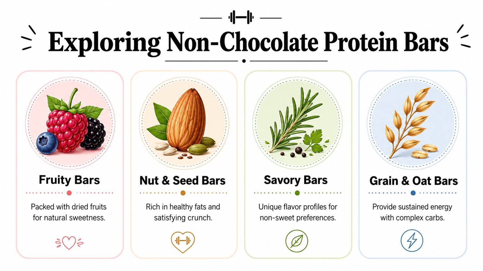 A visual guide showing four types of non-chocolate protein bars: fruity, nut and seed, savory, and grain-oat.