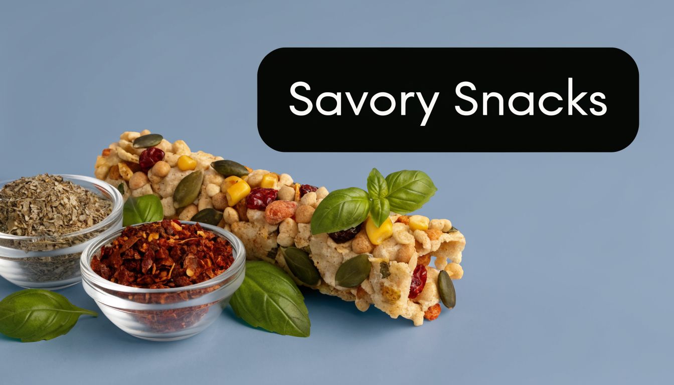 A healthy savory protein crisp bar garnished with fresh basil leaves next to bowls of spices.