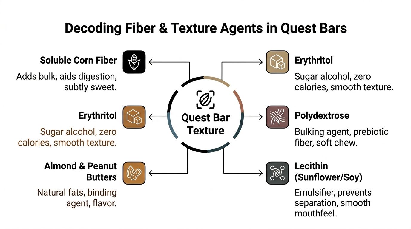 A diagram explaining the role of specific fiber and texture ingredients found in Quest protein bars.