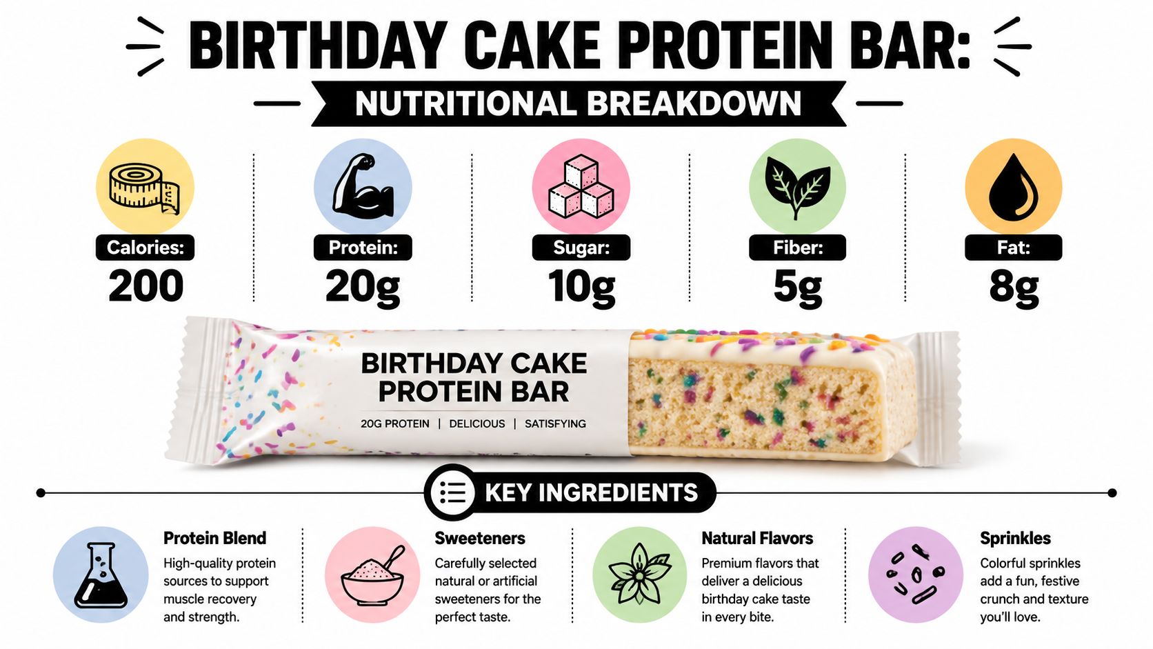 A nutritional breakdown infographic for a Birthday Cake Protein Bar highlighting ingredients and macronutrient content.