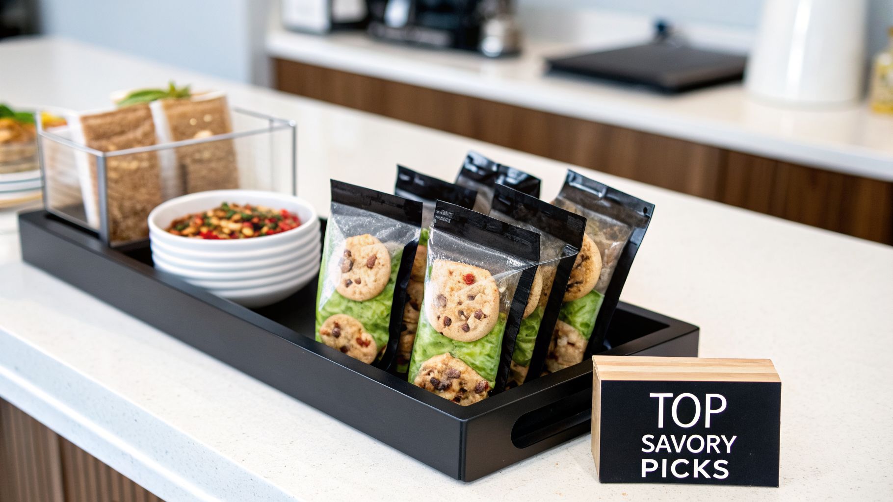 A black tray holds individually packaged cookies and a bowl of mixed nuts on a counter, with a 'TOP SAVORY PICKS' sign.