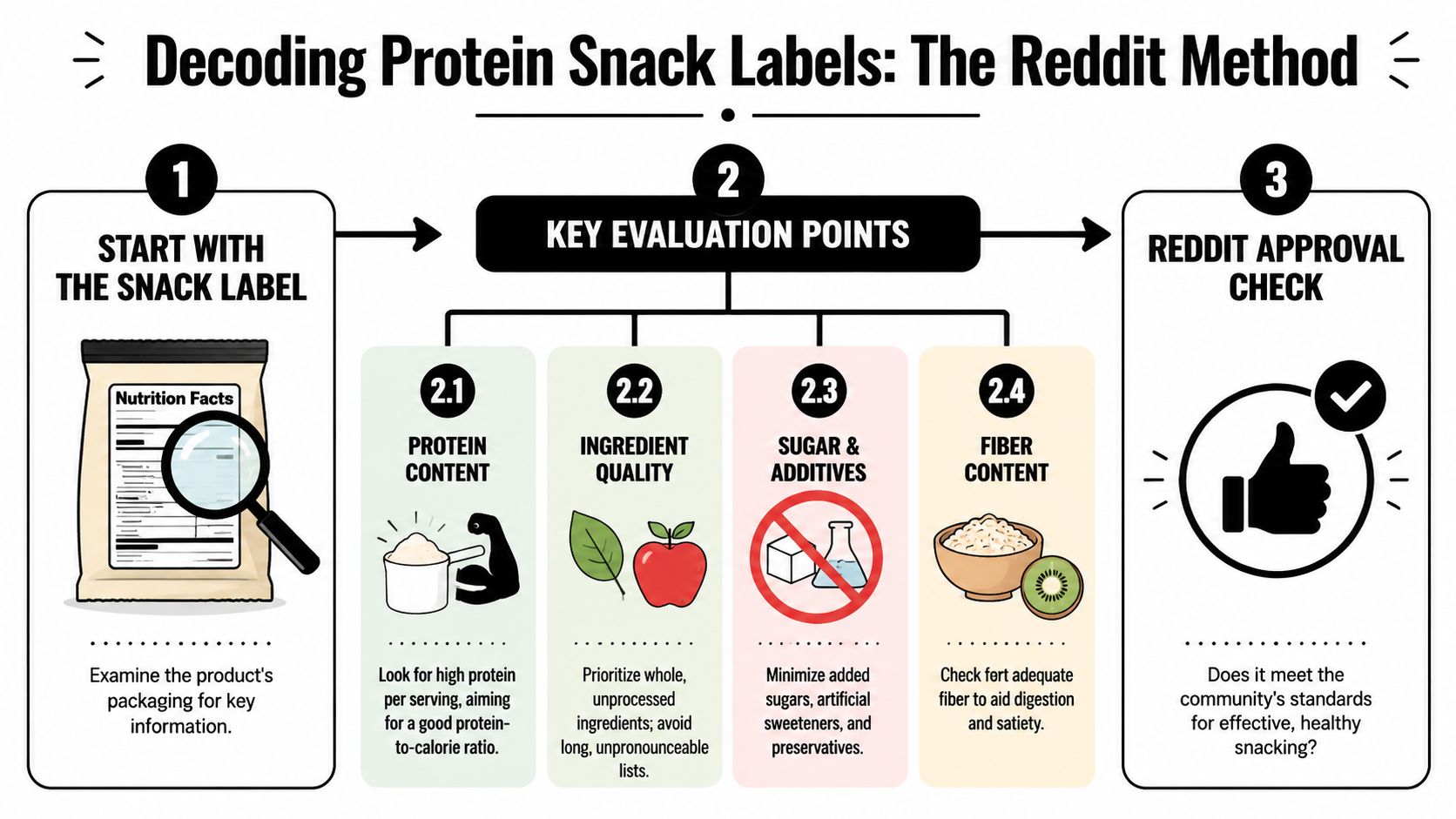 An infographic titled Decoding Protein Snack Labels explaining the three-step Reddit method for evaluating snack nutrition.