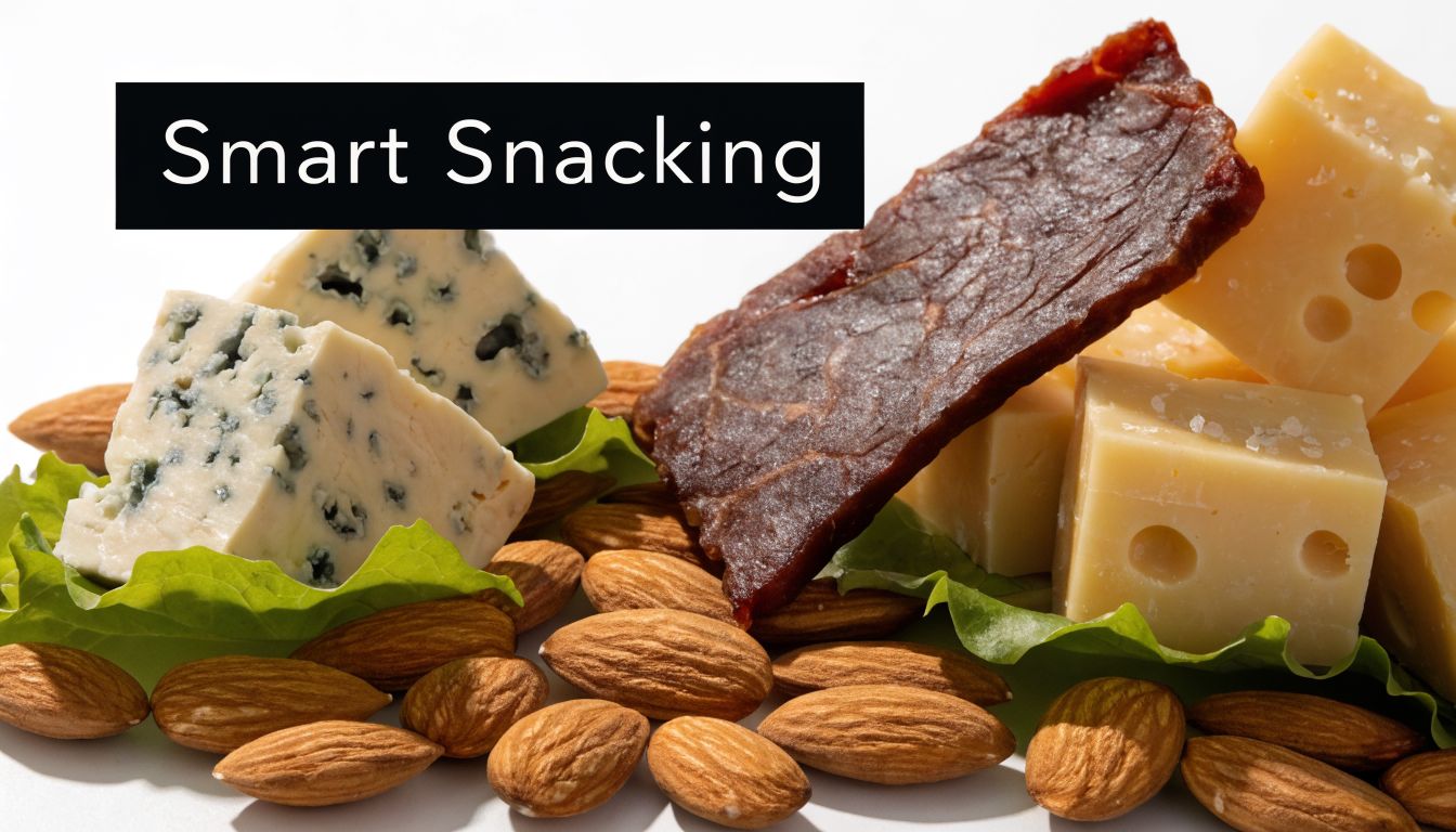 A healthy snack arrangement featuring pieces of blue cheese, swiss cheese, beef jerky, and raw almonds.