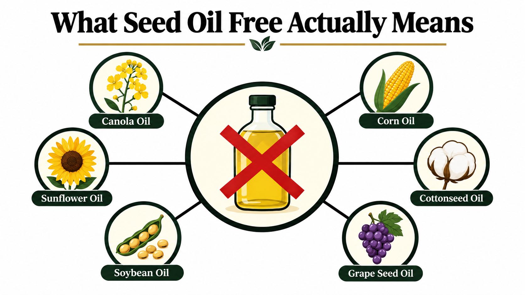 An infographic illustrating various seed oils to avoid, including canola, corn, sunflower, cottonseed, soybean, and grape seed oil.