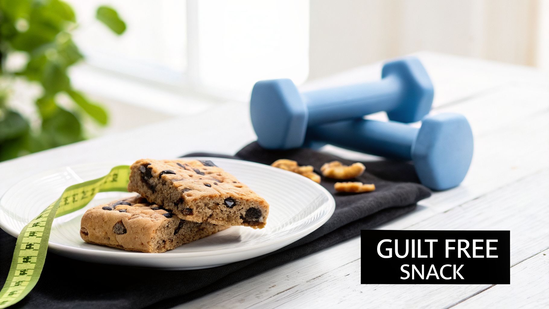 Two guilt-free snack bars on a white plate with a measuring tape and blue dumbbells, promoting healthy eating.