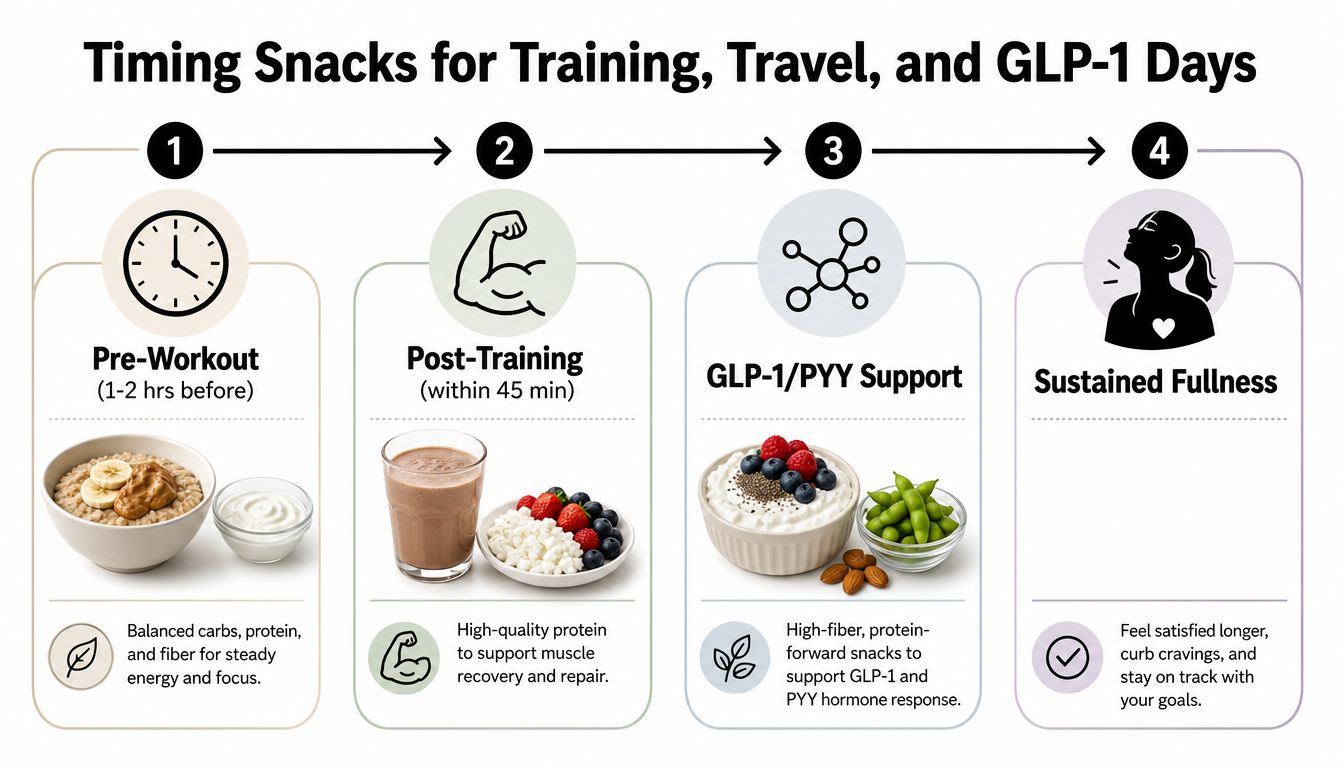 An infographic illustrating optimal snack timing for training, travel, and supporting GLP-1 hormone levels for satiety.